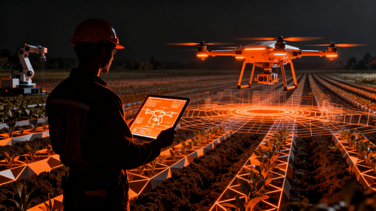 Profesiones Agrotech y tecnología agrícola: ingenieros en robótica y analistas de datos liderando la innovación en el campo.