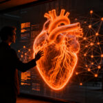 Emprendedor de salud digital interactuando con una interfaz de IA médica, representando la automatización y el levantamiento de capital en healthtech.
