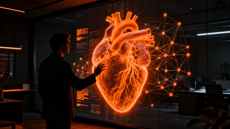 Emprendedor de salud digital interactuando con una interfaz de IA médica, representando la automatización y el levantamiento de capital en healthtech.