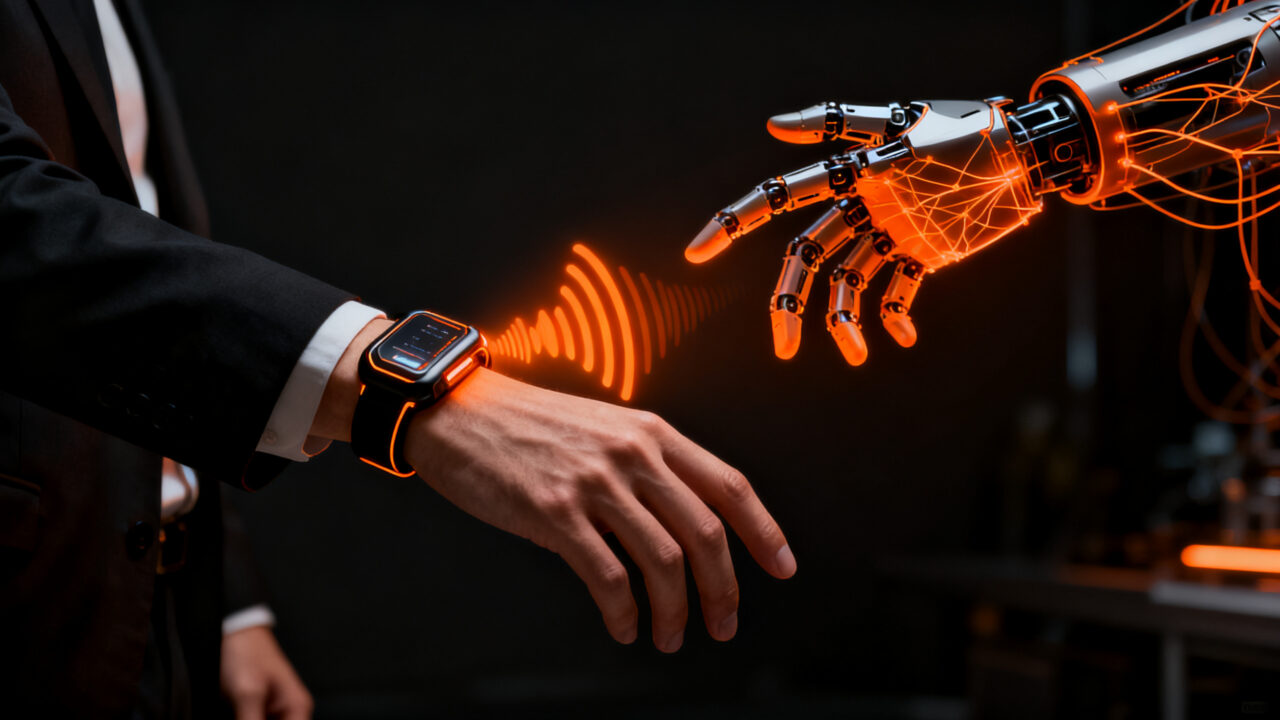 Ingeniero utilizando pulsera de ultrasonido para control de manos robóticas, representando el futuro de la tecnología HCI y la robótica deeptech.