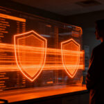 Regulación de IA y privacidad de datos en el sector de salud digital, mostrando a un profesional analizando flujos de información restringida.