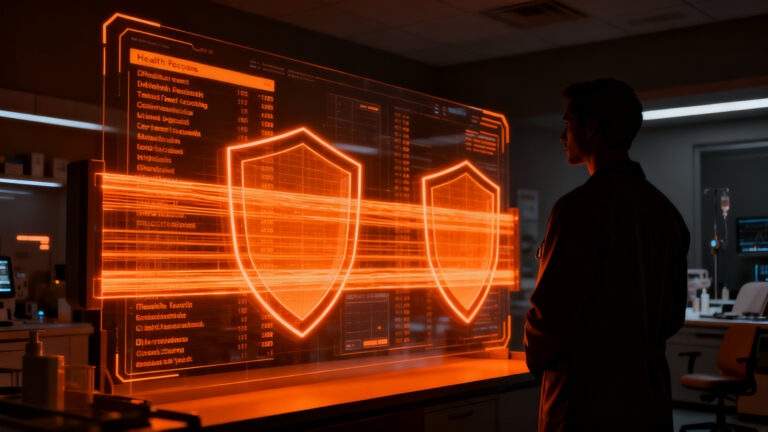 Regulación de IA y privacidad de datos en el sector de salud digital, mostrando a un profesional analizando flujos de información restringida.