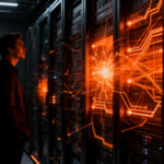 Emprendedor analizando una red de servidores desconectada, representando la resiliencia SaaS y la estrategia multi-vendor frente a fallos de IA.