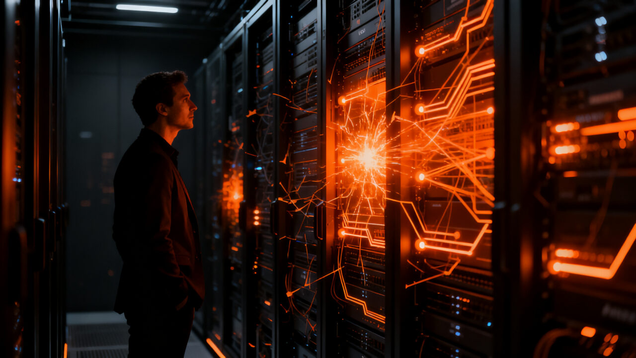 Emprendedor analizando una red de servidores desconectada, representando la resiliencia SaaS y la estrategia multi-vendor frente a fallos de IA.