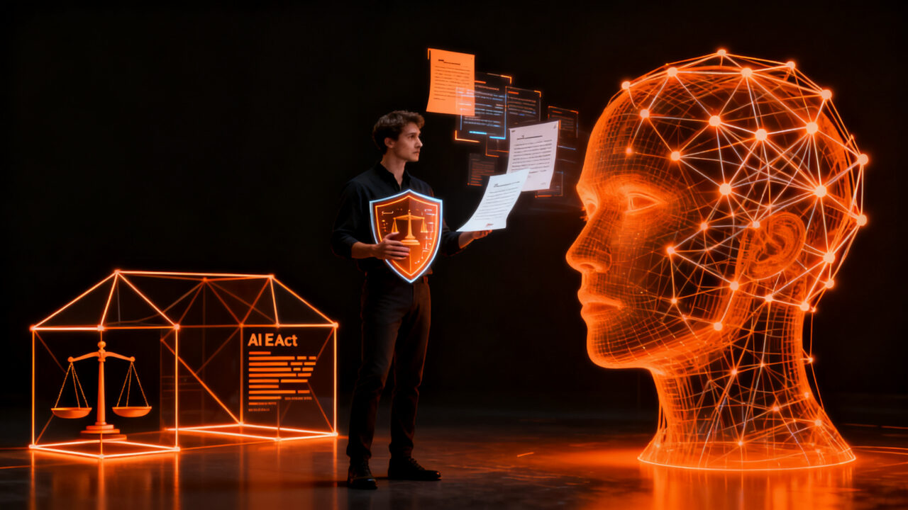 Founder de IA protegiendo su startup con escudo legal, representando responsabilidad legal y regulación de inteligencia artificial generativa.
