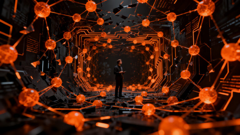 Ilustración conceptual de la Reversal Curse en modelos de lenguaje, mostrando una figura humana analizando redes neuronales y lógica inversa en IA.