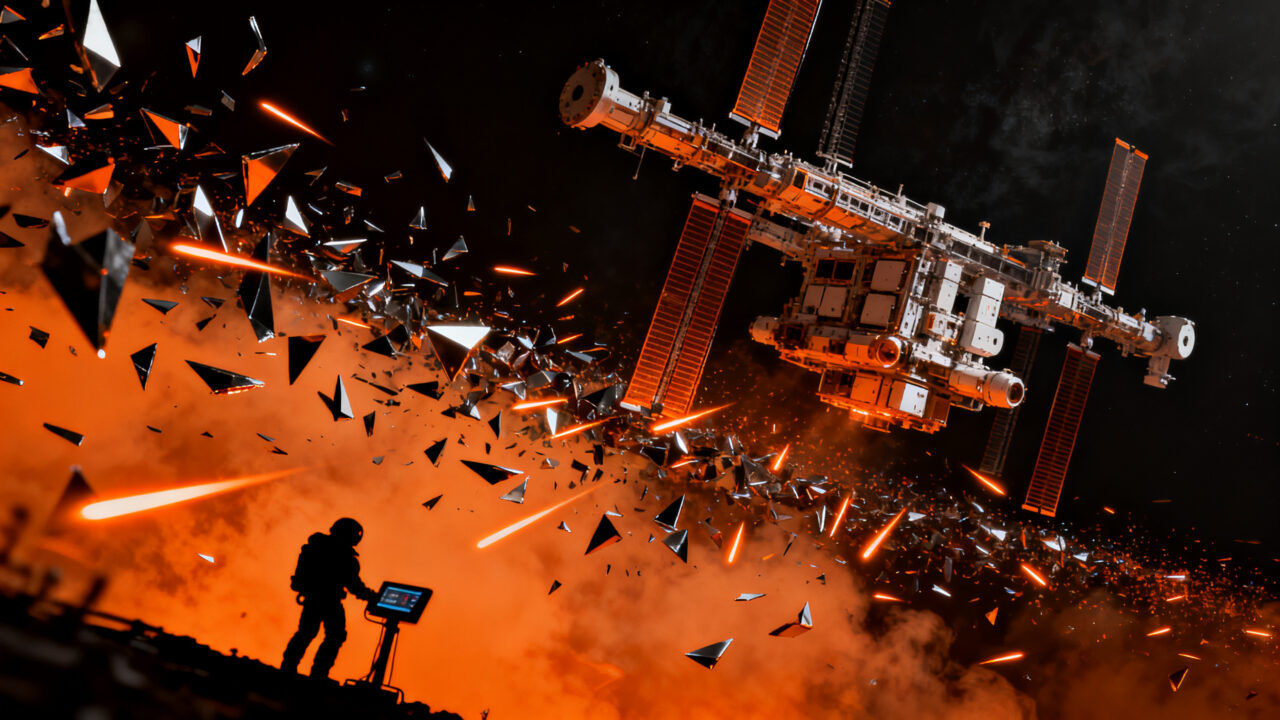 Representación visual de basura espacial y fragmentos del cohete Zhuque-2E amenazando satélites Starlink en órbita terrestre.