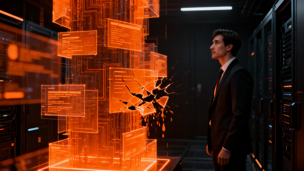 Director de tecnología analizando riesgos de seguridad en una red de inteligencia artificial generativa, concepto de gobernanza de datos.