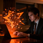 Profesional de negocios trabajando en un hotel con seguridad digital, representando la protección de datos ante riesgos de portales WiFi cautivos.