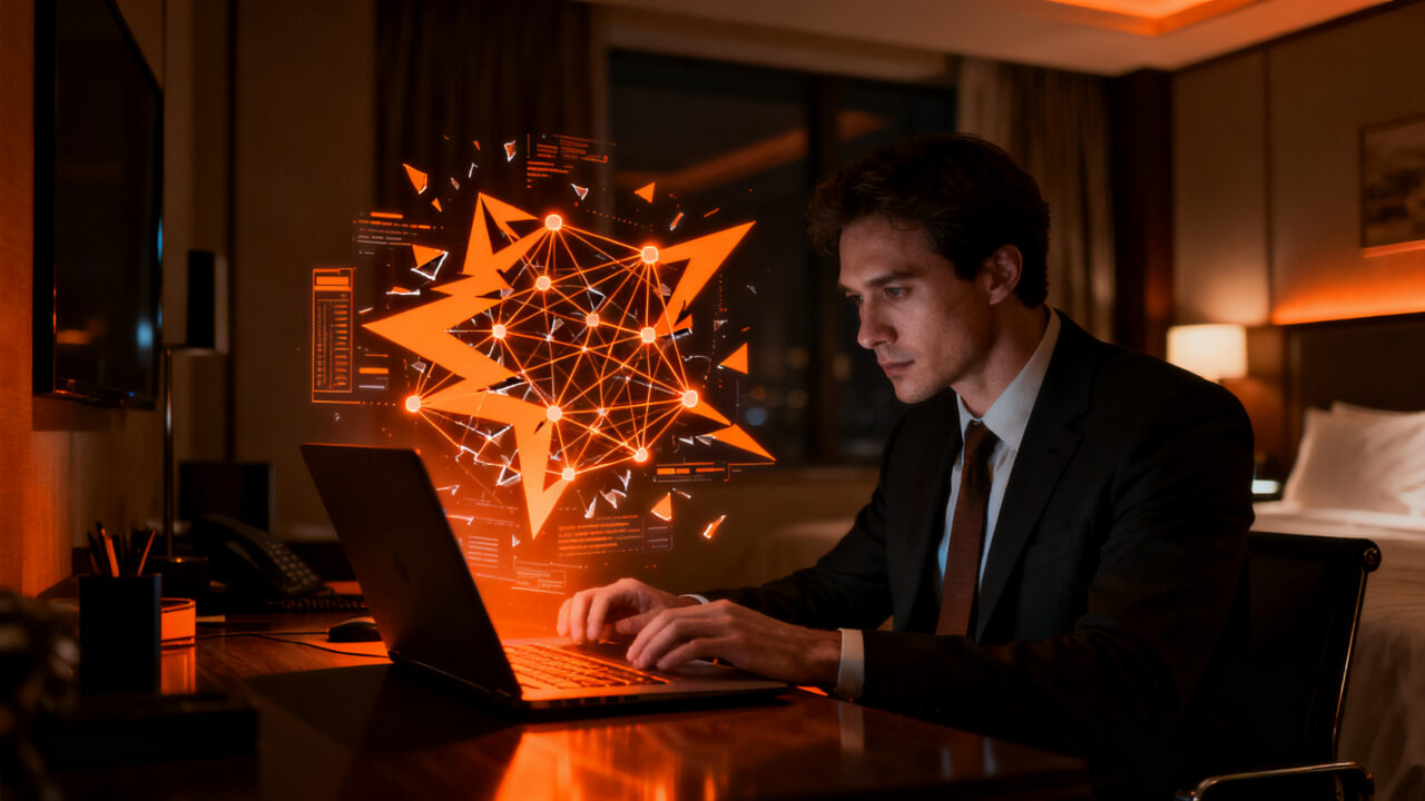 Profesional de negocios trabajando en un hotel con seguridad digital, representando la protección de datos ante riesgos de portales WiFi cautivos.