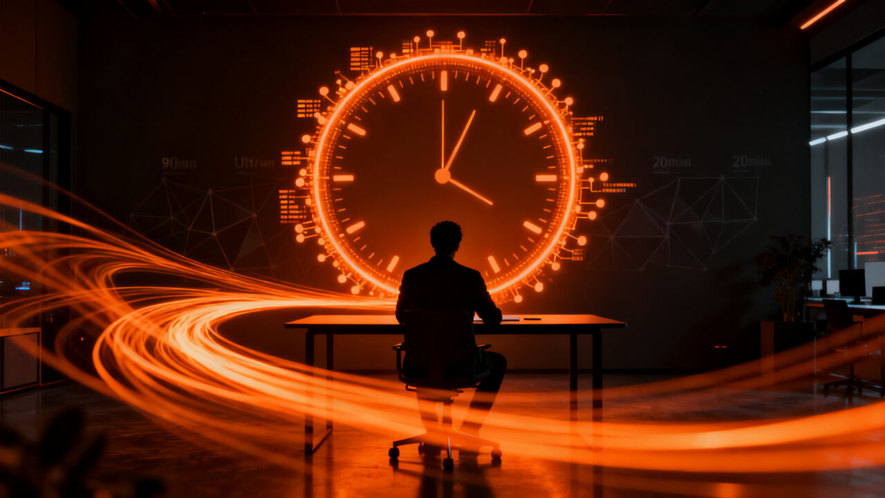 Emprendedor optimizando su productividad con la regla 90/20 y ritmos ultradianos en un entorno de trabajo de alto rendimiento.