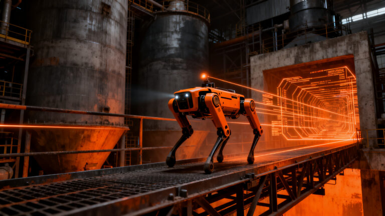 Robot cuadrúpedo ANYmal realizando inspección autónoma en una planta industrial, representando la automatización y robótica avanzada.