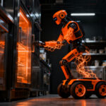 Robot humanoide R-noid de Robot.com trabajando en un entorno logístico automatizado, representando la evolución de la robótica y la IA física.