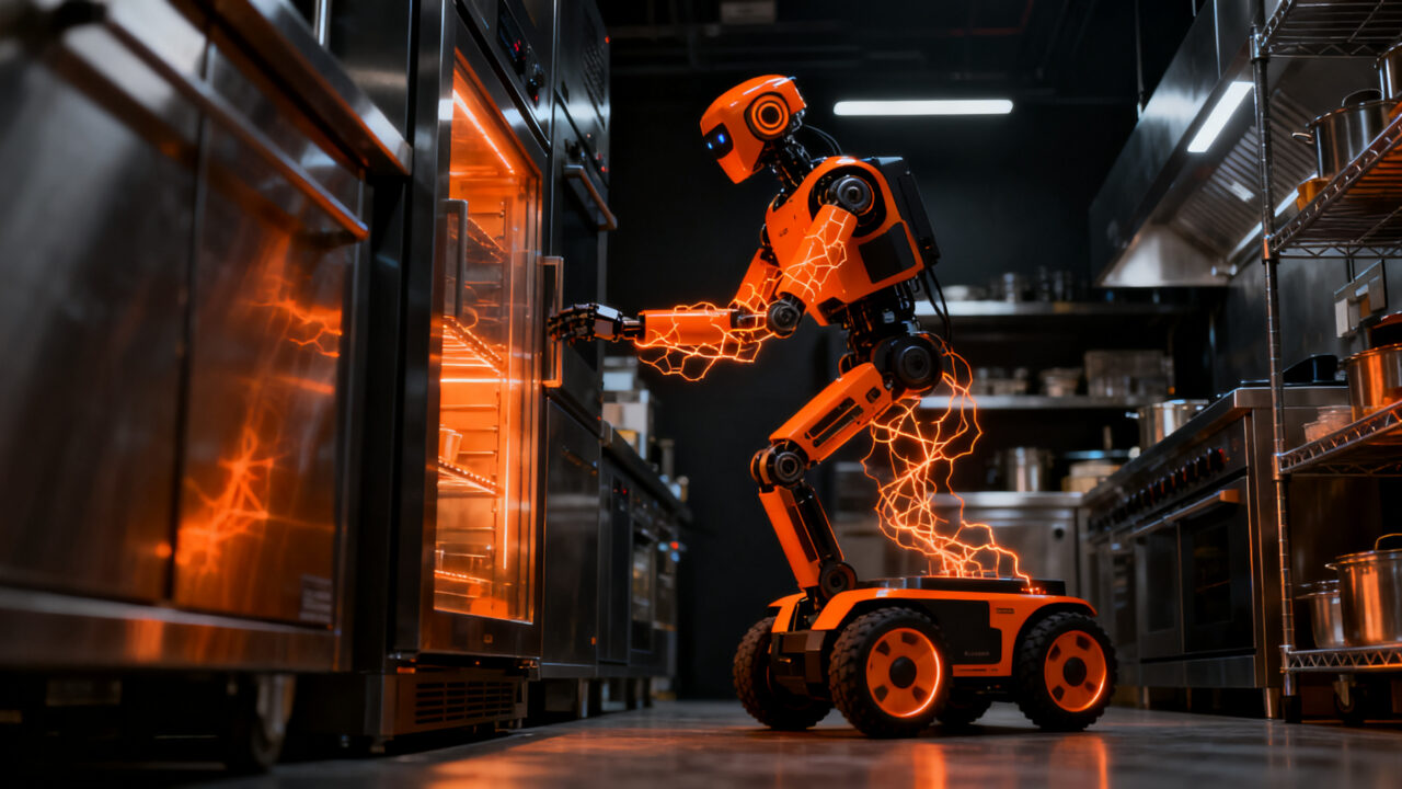 Robot humanoide R-noid de Robot.com trabajando en un entorno logístico automatizado, representando la evolución de la robótica y la IA física.