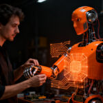Robot humanoide open-source interactuando con un ingeniero en un entorno de desarrollo de hardware, simbolizando la democratización de la robótica.