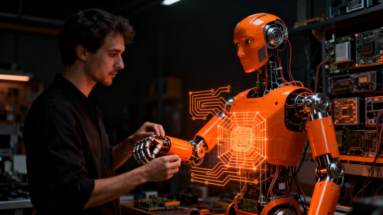 Robot humanoide open-source interactuando con un ingeniero en un entorno de desarrollo de hardware, simbolizando la democratización de la robótica.