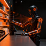 Robot humanoide operando una tienda automatizada, representando la tendencia de retailtech 2026 y la inteligencia artificial personificada.