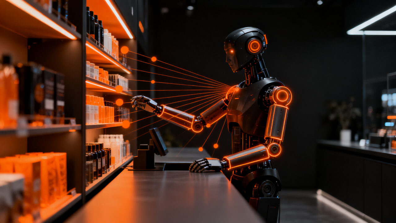 Robot humanoide operando una tienda automatizada, representando la tendencia de retailtech 2026 y la inteligencia artificial personificada.