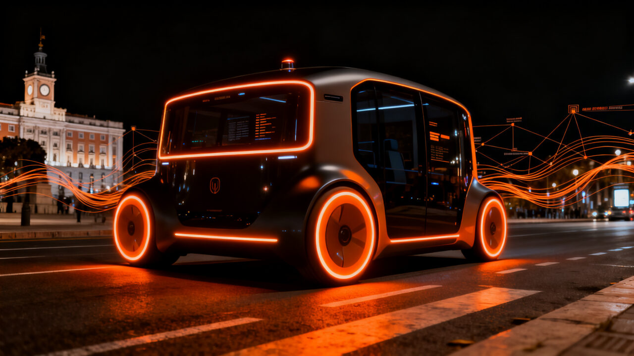 Robotaxis en Madrid 2026: vehículo autónomo Uber WeRide con tecnología de sensores avanzados, representando el futuro de la movilidad y la innovación en el ecosistema de startups mobility.