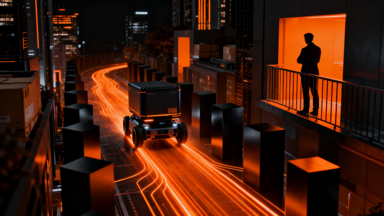 Robots de entrega autónomos navegando por una ciudad inteligente, enfrentando desafíos regulatorios en logística urbana.
