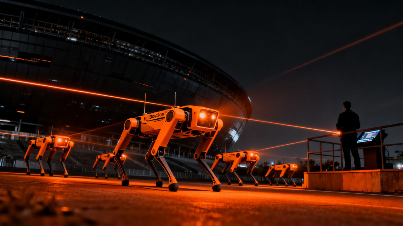 Robots Spot de Boston Dynamics vigilando un estadio de fútbol con tecnología de inteligencia artificial para el Mundial 2026.