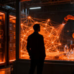 Emprendedor industrial observando un centro de datos de edge computing con IA, representando la automatización y la manufactura inteligente.