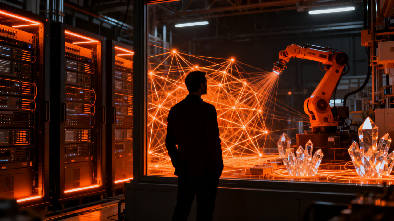 Emprendedor industrial observando un centro de datos de edge computing con IA, representando la automatización y la manufactura inteligente.