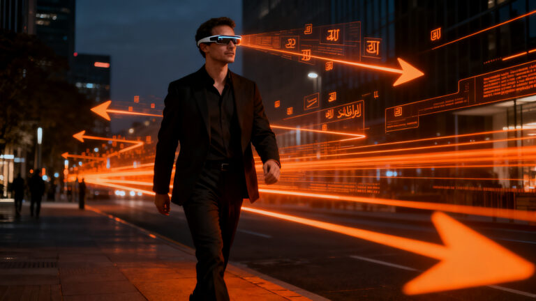 Un fundador de startup utilizando gafas inteligentes de realidad aumentada con navegación AR y traducción en tiempo real.