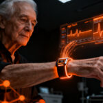 Brazalete inteligente AgeTech de monitoreo remoto para ancianos en un entorno de salud digital conectado con tecnología IoT.