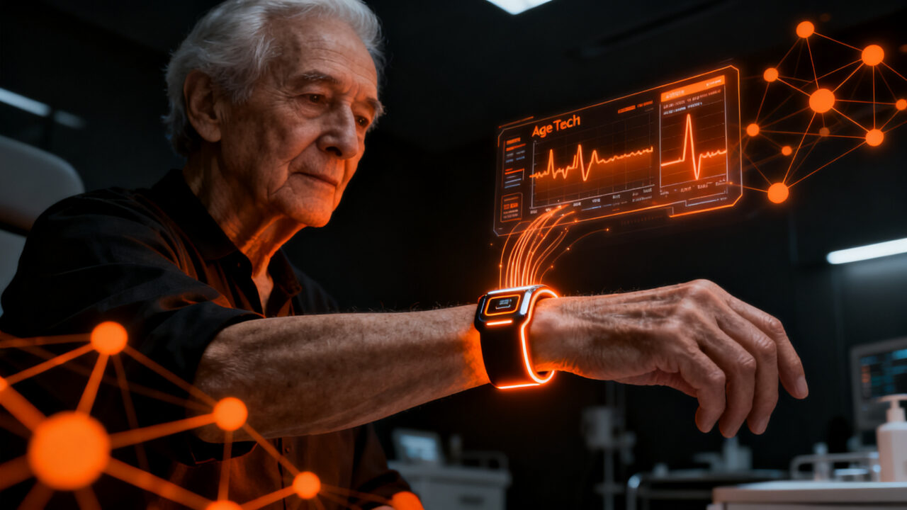 Brazalete inteligente AgeTech de monitoreo remoto para ancianos en un entorno de salud digital conectado con tecnología IoT.