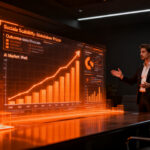 Founder presentando un pitch de startup SaaS ante inversores, destacando métricas de IA y crecimiento en 2026.