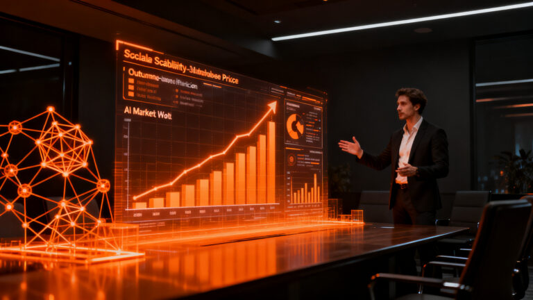 Founder presentando un pitch de startup SaaS ante inversores, destacando métricas de IA y crecimiento en 2026.