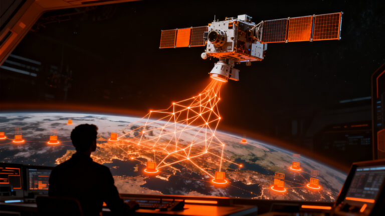 Satélite con IA detectando objetos autónomamente desde el espacio, representando el futuro de la observación terrestre y el edge computing para startups.