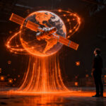 Founder de Satellites on Fire frente a un horizonte tecnológico, representando la resiliencia en el fundraising de startups y el éxito en la obtención de inversión.