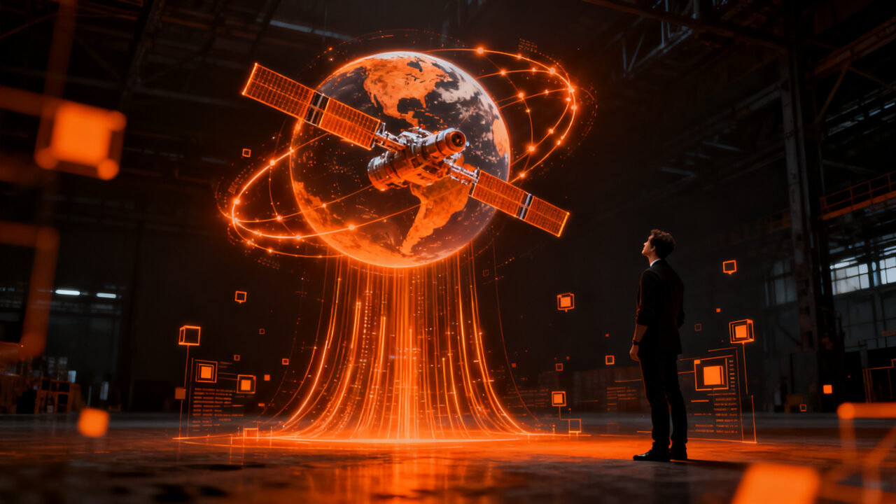 Founder de Satellites on Fire frente a un horizonte tecnológico, representando la resiliencia en el fundraising de startups y el éxito en la obtención de inversión.