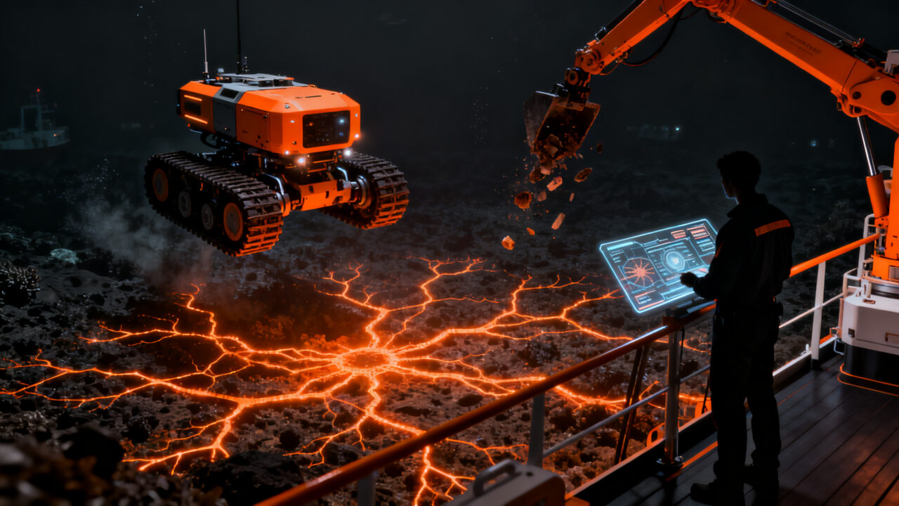 Robots autónomos con IA limpiando el fondo marino, representando la innovación en DeepTech y economía azul.