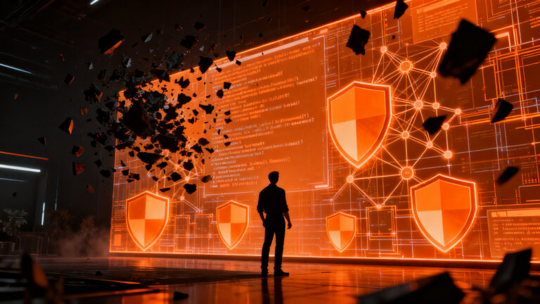 Seguridad en agentes de IA: un founder protegiendo su startup contra ataques de hackers y vulnerabilidades en modelos LLM.