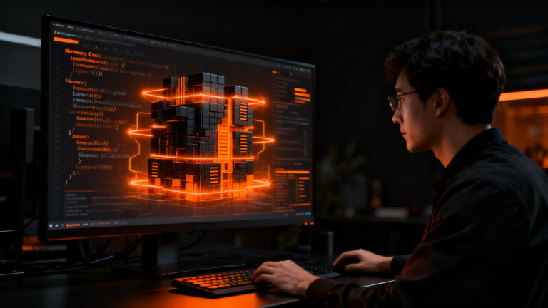 Seguridad de memoria en programación C, ilustrada con una arquitectura de infraestructura tecnológica moderna para startups.