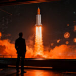 Emprendedor observando el lanzamiento de un cohete espacial, representando las oportunidades del mercado NewSpace y seguros espaciales.