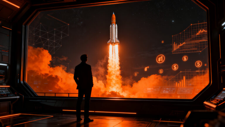Emprendedor observando el lanzamiento de un cohete espacial, representando las oportunidades del mercado NewSpace y seguros espaciales.