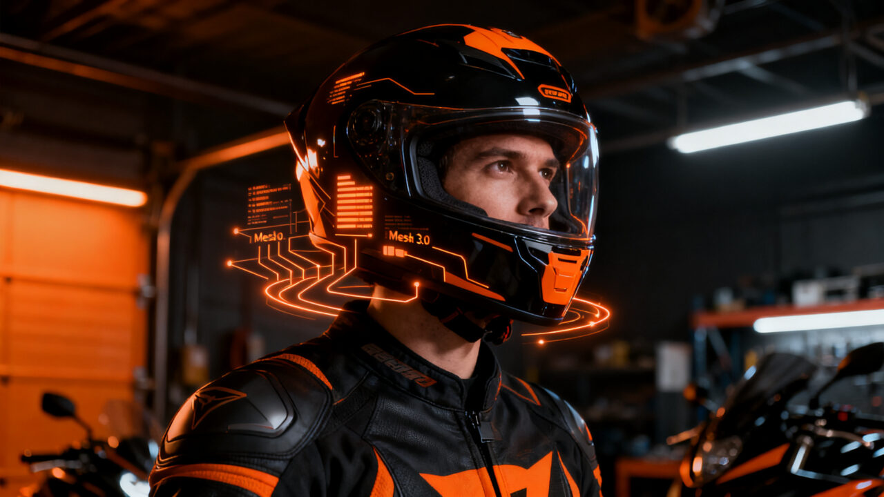 Casco inteligente Sena Outlander con tecnología Mesh 3.0 para motociclistas, representando la innovación en hardware IoT y wearables.