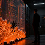 Concepto de Shadow AI en el sector bancario, representando riesgos de seguridad TI y gobernanza de inteligencia artificial en fintechs.