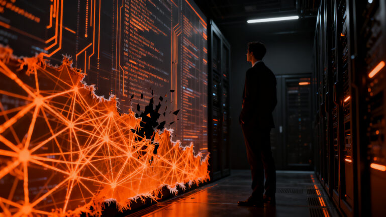 Concepto de Shadow AI en el sector bancario, representando riesgos de seguridad TI y gobernanza de inteligencia artificial en fintechs.