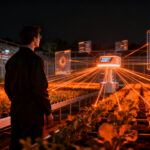 Ingeniero supervisando automatización industrial en invernadero de alta tecnología mediante IIoT y digitalización agrotech.