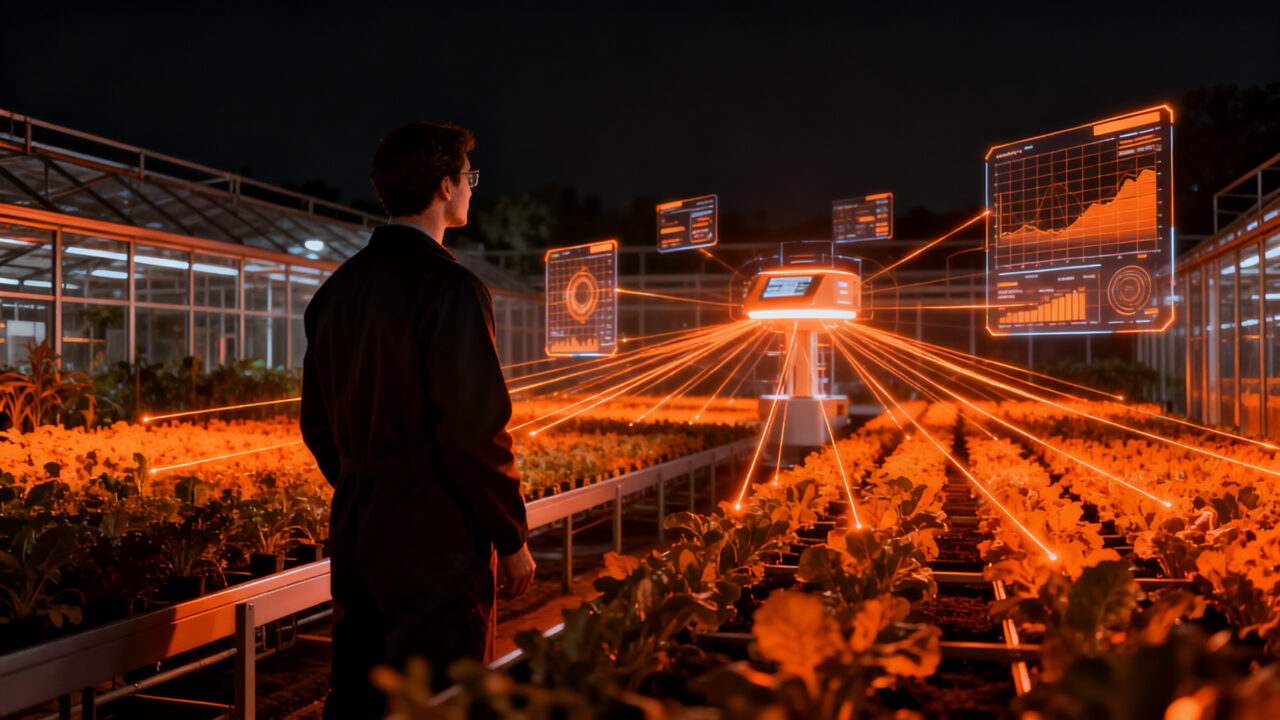 Ingeniero supervisando automatización industrial en invernadero de alta tecnología mediante IIoT y digitalización agrotech.