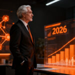 Profesional senior con actitud emprendedora en un entorno tecnológico futurista, representando la oportunidad de la Silver Economy.