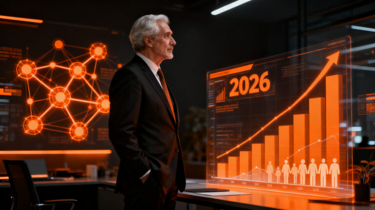 Profesional senior con actitud emprendedora en un entorno tecnológico futurista, representando la oportunidad de la Silver Economy.