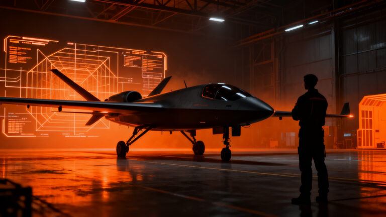 Dron táctico SIRTAP de Airbus España en hangar tecnológico, representando el avance en soberanía tecnológica y defensa.