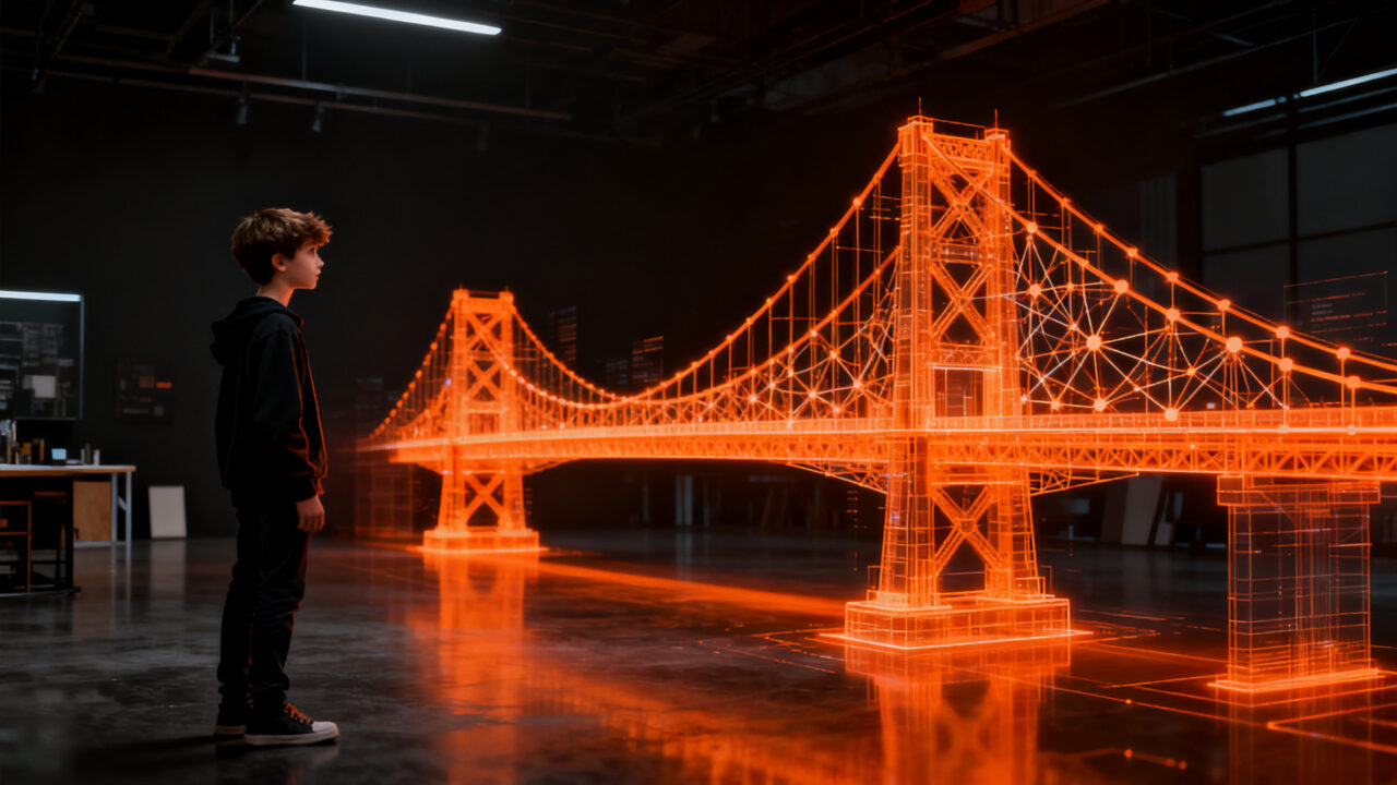 Joven emprendedor de SmartBridge utilizando inteligencia artificial para revolucionar el diseño de puentes de ingeniería.