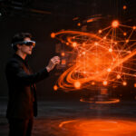 Emprendedor utilizando gafas de realidad aumentada avanzada con interfaz holográfica, representando el impacto del chip Snapdragon Reality Elite en XR.